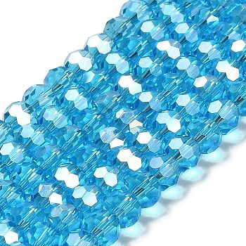 Transparent Glass Beads, Faceted, Round, Deep Sky Blue, 6x5.5mm, Hole: 1.2mm, about 91~93pcs/strand, 19.57''~19.92''(49.7~50.6cm)