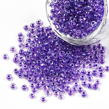 8/0 Transparent Colours Rainbows Glass Seed Beads, Round Hole, Round, Medium Orchid, 3~3.5x2mm, Hole: 1~1.2mm, about 10000Pcs/pound