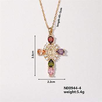 Elegant Vintage Corss with Virgin Mary Brass Micro Pave Cubic Zirconia Pendant Necklaces, Cable Chains Necklaces for Women, Colorful, 15.75 inch(400mm)