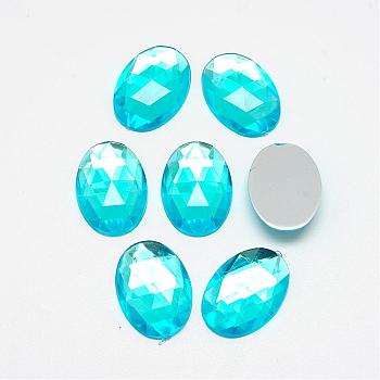 Acrylic Rhinestone Flat Back Cabochons, Faceted, Bottom Silver Plated, Oval, Cyan, 40x30x7~7.5mm