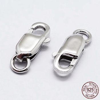 Rhodium Plated 925 Sterling Silver Lobster Claw Clasps, with 925 Stamp, Platinum, 14mm, Hole: 3mm