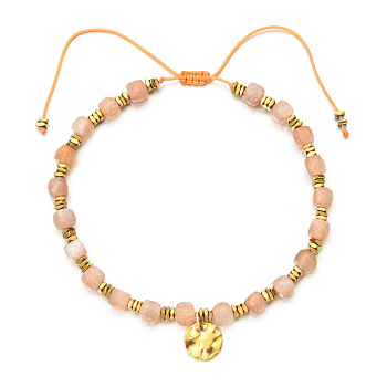 Bohemian Style Synthetic Sunstone Cube Braided Bead Bracelet, Adjustable Bracelet with Flat Round Charms, 