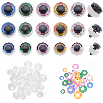 Elite 30 Sets 15 Styles Plastic Craft Eyes, Safety Eyes, with Blood Streak Disc and Spacer, for Doll Making, Half Round, Mixed Color, 18~23x12~20mm, 2 sets/style