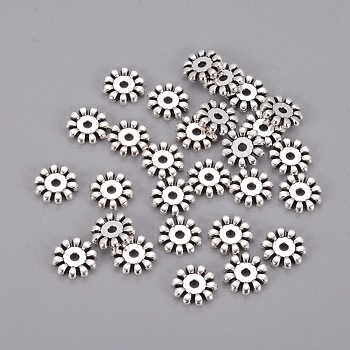 Tibetan Style Snowflake Spacer Beads, Lead Free and Cadmium Free, Antique Silver, about 10mm in diameter, 2mm thick, hole: 1.5mm
