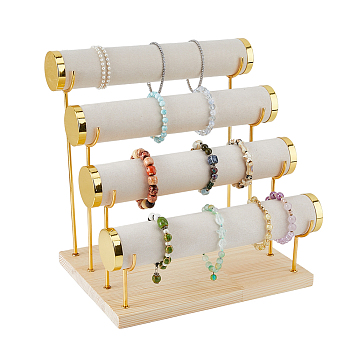 4-Tier Velvet T Bar Jewelry Bracelet Display Risers, with Golden Tone Iron Findings and Wooden Base, Cornsilk, 29.3x21.7x30.5cm