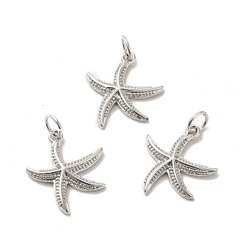 Rack Plating Eco-Friendly Brass Pendants, with Jump Ring, Long-Lasting Plated, Lead Free & Cadmium Free, Starfish Charm, Platinum, 17x15x2mm, Hole: 4mm