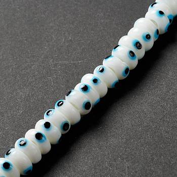 Handmade Evil Eye Lampwork Beads, Flat Round, White, 9.5~10.5x5~5.5mm, Hole: 3.5~4mm, about 30pcs/strand, 5.71~5.91 inch(14.5~15cm)