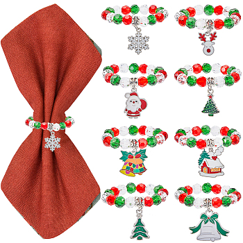 Christmas Theme Glass Beaded Napkin Rings, Napkin Holder Adornment, with Alloy Enamel Pendant, Mixed Color, 70mm, 8pcs/set