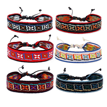 Cotton Flat Cord Bracelets Set, Wax Ropes Braided Ethnic Tribal Adjustable  Bracelets, Rectangle, 6-7/8 inch(17.5cm), 6pcs/set