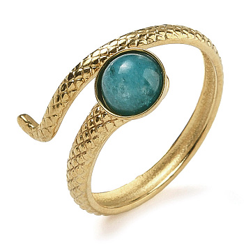 Natural Amazonite Finger Rings, Snake 304 Stainless Steel Open Cuff Rings, Real 18K Gold Plated, Inner Diameter: 17mm