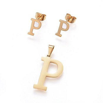 304 Stainless Steel Pendants and Stud Earrings Jewelry Sets, Alphabet, Letter.P, 20~23x13~19x1.5mm, Hole: 6x3mm, 6~10x6~9x1mm, Pin: 0.8mm