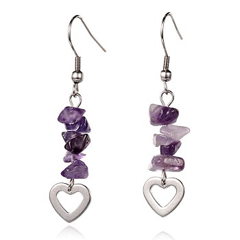 Heart Natural Amethyst Dangle Earrings, with 304 Stainless Steel Earring Hooks, 52mm, Pin: 0.6mm