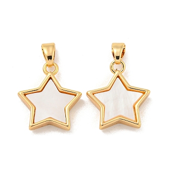 Natural White Shell Pendants, Rack Plating Brass Star Charms, Real 18K Gold Plated, 16x14x3mm, Hole: 2x5mm