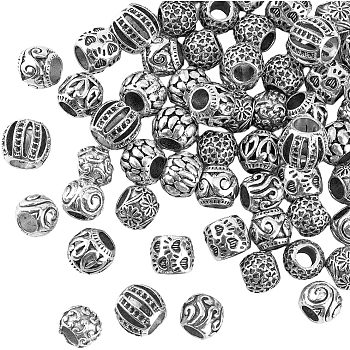 HOBBIESAY 80PPcs 10 Style Tibetan Style Alloy European Beads, Large Hole Beads, Barrel & Column with Heart, Antique Silver, 9.5~11x7~10mm, Hole: 4.5~6mm, 8pcs/style