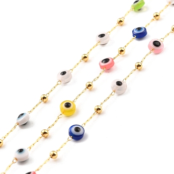 Handmade Brass Link Chains, with Round Beads, Long-Lasting Plated, Unwelded, with Spool, Beads with Glass, Evil Eye Beads, Golden, 5.5x4mm