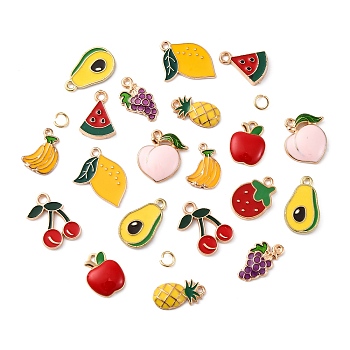 40Pcs 10 Styles Alloy Enamel Pendants, with 50Pcs Jump Ring, Fruits, Mixed Color, 15~21x8~16.5x1~3mm, Hole: 0.9~2.2mm, 4pcs/style