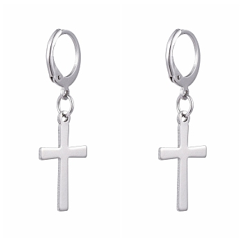 304 Stainless Steel Leverback Earrings, with 201 Stainless Steel Cross Pendants, Stainless Steel Color, 36mm, Pin: 0.6x0.8mm
