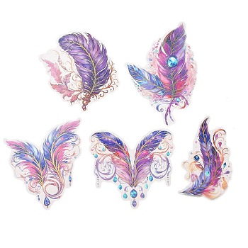 5Pcs 5 Styles Feather Waterproof PET Stickers Sets, Adhesive Decals for DIY Scrapbooking, Photo Album Decoration, Orchid, 93~120x62~85x0.2mm, 1pc/style