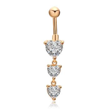 Real 18K Gold Plated Brass Cubic Zirconia Navel Ring Navel Ring Belly Rings, with 304 Stainless Steel Bar, 44x9mm, Bar Length: 3/8"(10mm), Bar: 14 Gauge(1.6mm)