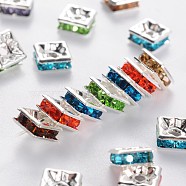 Brass Rhinestone Spacer Beads, Grade A, Square, Nickel Free, Mixed Color, Silver Color Plated,Size: about 6mm wide, 6mm long, 3mm thick, hole: 1mm(RSB072)