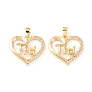 Brass Micro Pave Clear Cubic Zirconia Pendants, Long-Lasting Plated, Heart with Word Titi, Real 18K Gold Plated, 19x19x2.5mm, Hole: 5x3.5mm(X-ZIRC-Z007-12G)