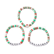 3Pcs 3 Styles Handmade Polymer Clay Beaded Stretch Bracelet Sets, Word Merry Christmas Acrylic Link Stackable Bracelets for Women, Mixed Color, Inner Diameter: 2 inch(5.2cm), 1pc/style(BJEW-JB10806)