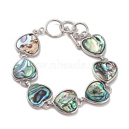 Natural Abalone Shell/Paua Shell Link Chain Bracelets, Platinum Brass Jewelry for Women, Cadmium Free & Lead Free, Heart, 7-1/4 inch(18.5cm)(BJEW-E077-01P-03)