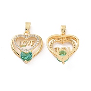 Brass Micro Pave Clear Cubic Zirconia Charms, Heart with Word Love Charms, Clear & Green, Real 18K Gold Plated, 17x16.5x6.5mm, Hole: 5x3mm(KK-E068-VC455)