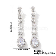 French Romantic Tassel Brass Stud Earrings, with Full Rhinestone Decoration, Silver, Teardrop, 70x14mm(XJ0314-2)