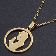 201 Stainless Steel Pendants Necklaces, with Cable Chains and Lobster Claw Clasps, Flat Round with Woman, Golden, 17.71 inch(45cm), 1.5mm(NJEW-S105-JN684-45-2)