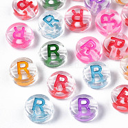 Transparent Clear Acrylic Beads, Horizontal Hole, Flat Round with Mixed Color Letter, Letter.R, 7x3.5mm, Hole: 1.2mm, about 3700pcs/500g(MACR-N008-56R)