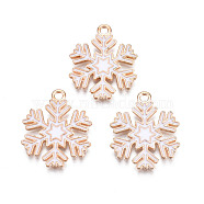 Christmas Style Alloy Enamel Pendants, Cadmium Free & Lead Free, Light Gold, Snowflake, White, 22x18x1.5mm, Hole: 1.8mm(X-ENAM-Q442-68B)
