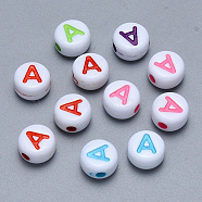 Craft Acrylic Horizontal Hole Letter Beads, Flat Round, Mixed Color, Letter.A, 7x3.5~4mm, Hole: 1.5mm, about 3600pcs/500g(SACR-S201-11A)