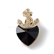 Real 18K Gold Plated Rack Plating Brass Micro Pave Clear Cubic Zirconia Pendants, with Glass, Long-Lasting Plated, Cadmium Free & Lead Free, Boat Anchor & Heart Charm, Black, 20x12x9mm, Hole: 6x2.5mm(KK-C015-07G-13)