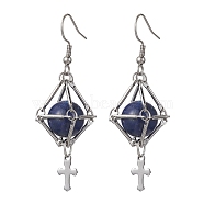 Natural Lapis Lazuli Dangle Earrings, Macrame Pouch Brass Long Drop Earrings, Cross, 56x16mm(EJEW-JE05600-02)