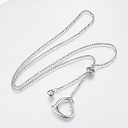 Adjustable 304 Stainless Steel Lariat Necklaces, Slider Necklaces, Heart and Beads, Stainless Steel Color, 25.19 inch(64cm)(NJEW-H484-01P)