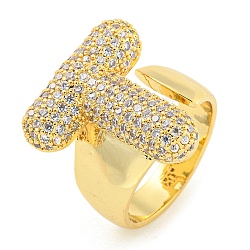 Brass Micro Pave Clear Cubic Zirconia Letter Open Cuff Ring for Women, Real 18K Gold Plated, Letter T, 22x21mm, Inner Diameter: 21mm(RJEW-M173-01G-T)