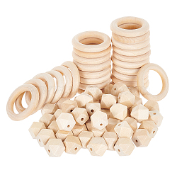 Faceted Nugget Natural Wooden Beads, with Unfinished Wood Linking Rings, 75pcs/set(WOOD-PH0009-24)