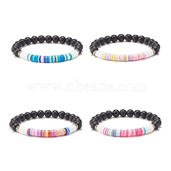 Synthetic Black Stone & Handmade Polymer Clay Heishi Beads Stretch Bracelet, Preppy Bracelet for Women, Mixed Color, Inner Diameter: 2-1/4 inch(5.7cm)(BJEW-JB07509)