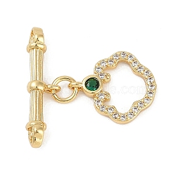 Brass Micro Pave Clear Cubic Zirconia Toggle Clasps, with Glass, Real 18K Gold Plated, Rings: 14.5x12.5x2mm, Hole: 1mm, Bar: 21x6x4.5mm, Hole: 1.2mm(KK-K391-15G)