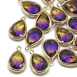 Glass Pendants, with Golden Tone Brass Findings, Faceted, teardrop, Indigo, 19x12x6mm, Hole: 1~1.5mm(GLAA-Q068-11A-11)