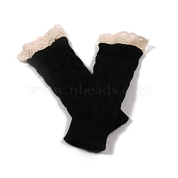 Acrylic Fiber Yarn Knitting Fingerless Gloves, Lace Edge Winter Warm Gloves with Thumb Hole for Women, Black, 190x75mm(COHT-PW0002-05B)