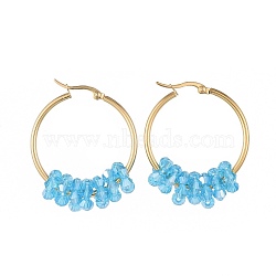 304 Stainless Steel Hoop Earrings, with Faceted Glass Beads, Golden, Deep Sky Blue, 12 Gauge, 42x33x2mm, Pin: 0.8x1.2mm(EJEW-JE03572-03)