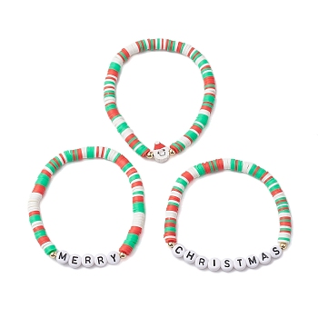 3Pcs 3 Styles Handmade Polymer Clay Beaded Stretch Bracelet Sets, Word Merry Christmas Acrylic Link Stackable Bracelets for Women, Mixed Color, Inner Diameter: 2 inch(5.2cm), 1pc/style