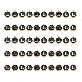 Golden Plated Alloy Charms, with Enamel, Enamelled Sequins, Flat Round, Black, Letter.L, 14x12x2mm, Hole: 1.5mm, 50pcs/Box