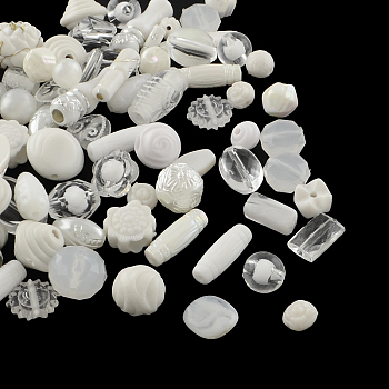 Acrylic Beads, Mixed Shapes, White, 5.5~28x6~20x3~11mm, Hole: 1~5mm