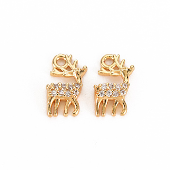 Brass Micro Pave Clear Cubic Zirconia Charms, Nickel Free, Deer, Real 18K Gold Plated, 11x7x2.5mm, Hole: 1.2mm