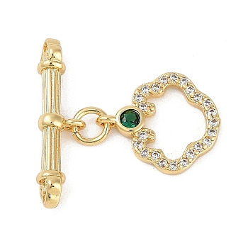 Brass Micro Pave Clear Cubic Zirconia Toggle Clasps, with Glass, Real 18K Gold Plated, Rings: 14.5x12.5x2mm, Hole: 1mm, Bar: 21x6x4.5mm, Hole: 1.2mm