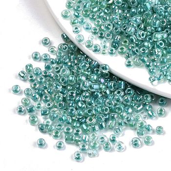 8/0 Glass Seed Beads, Inside Colours, Round Hole, Round, Transparent Colours Rainbow, Dark Cyan, 8/0, 3~4x2~3mm, Hole: 0.8mm, about 15000pcs/bag