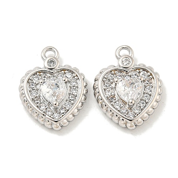 Brass Micro Pave Clear Cubic Zirconia Pendants, Heart Charms, Real Platinum Plated, 14.5x11x3.8mm, Hole: 1.5mm